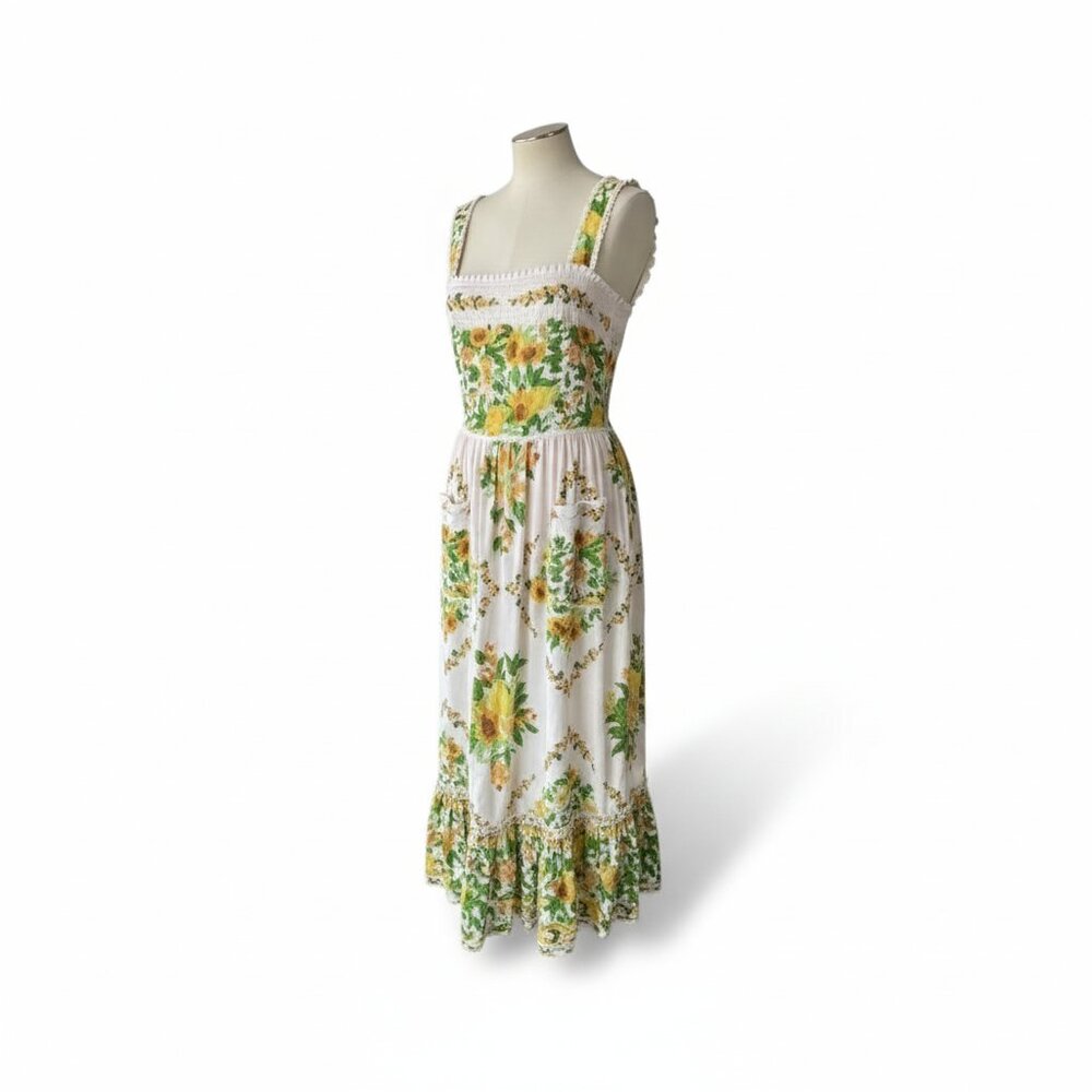 FARM Rio White Midi Dress with Yellow & Green Floral Print